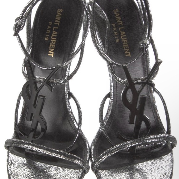 Saint Laurent Cassandra Heels in Metallic Silver Cracked Metal Leather - Picture 2 of 10